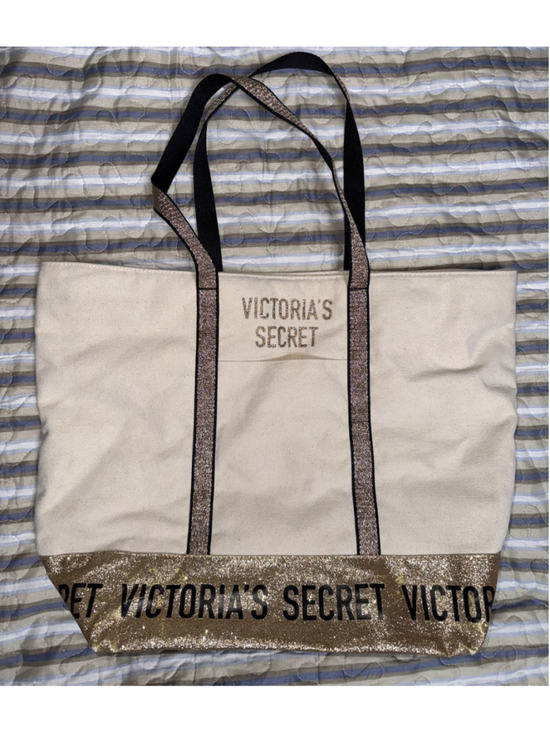 Victoria's Secret Handbags - Victoria’s Secret Sparkle Carryall Canvas Tote Bag Weekender Gold Glitter Travel